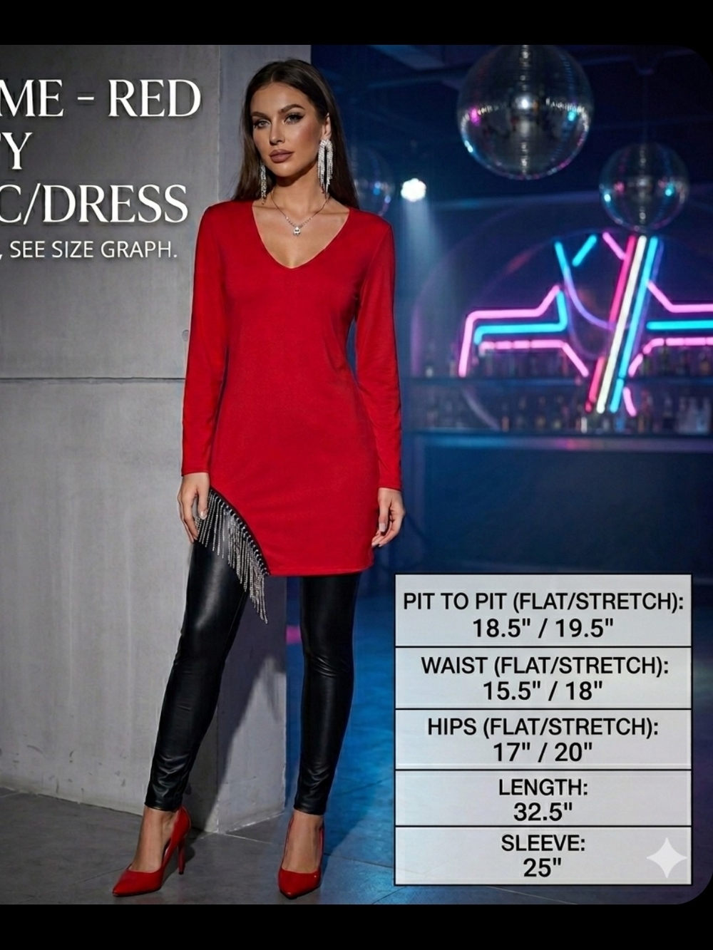 CHICME Red Party Tunic Mini Dress Crystal Fringe Rhinestone Accent US 10-12
